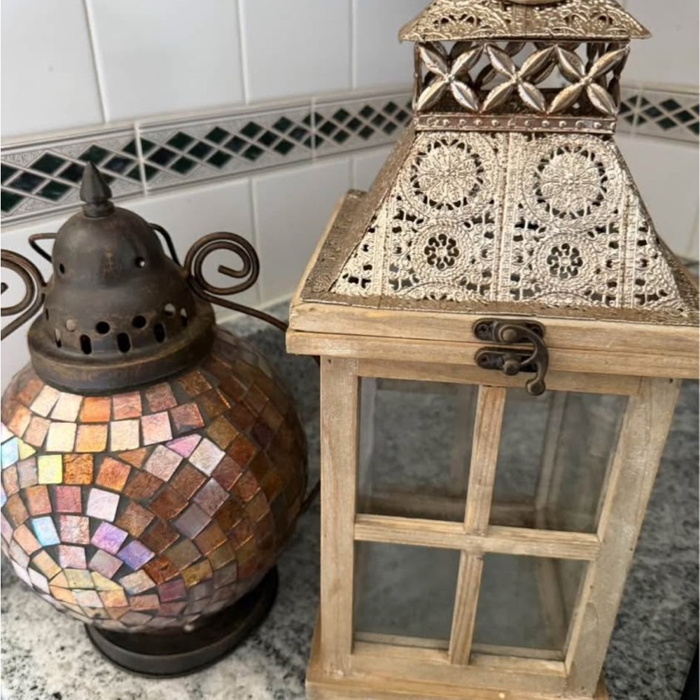 Rustic Mosaic and Wood Lantern Set